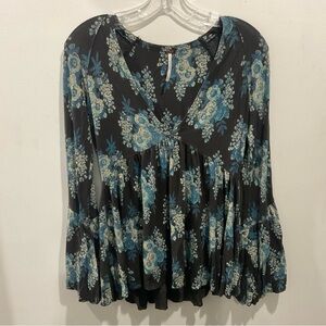 Free People Blue and Cream Floral Top